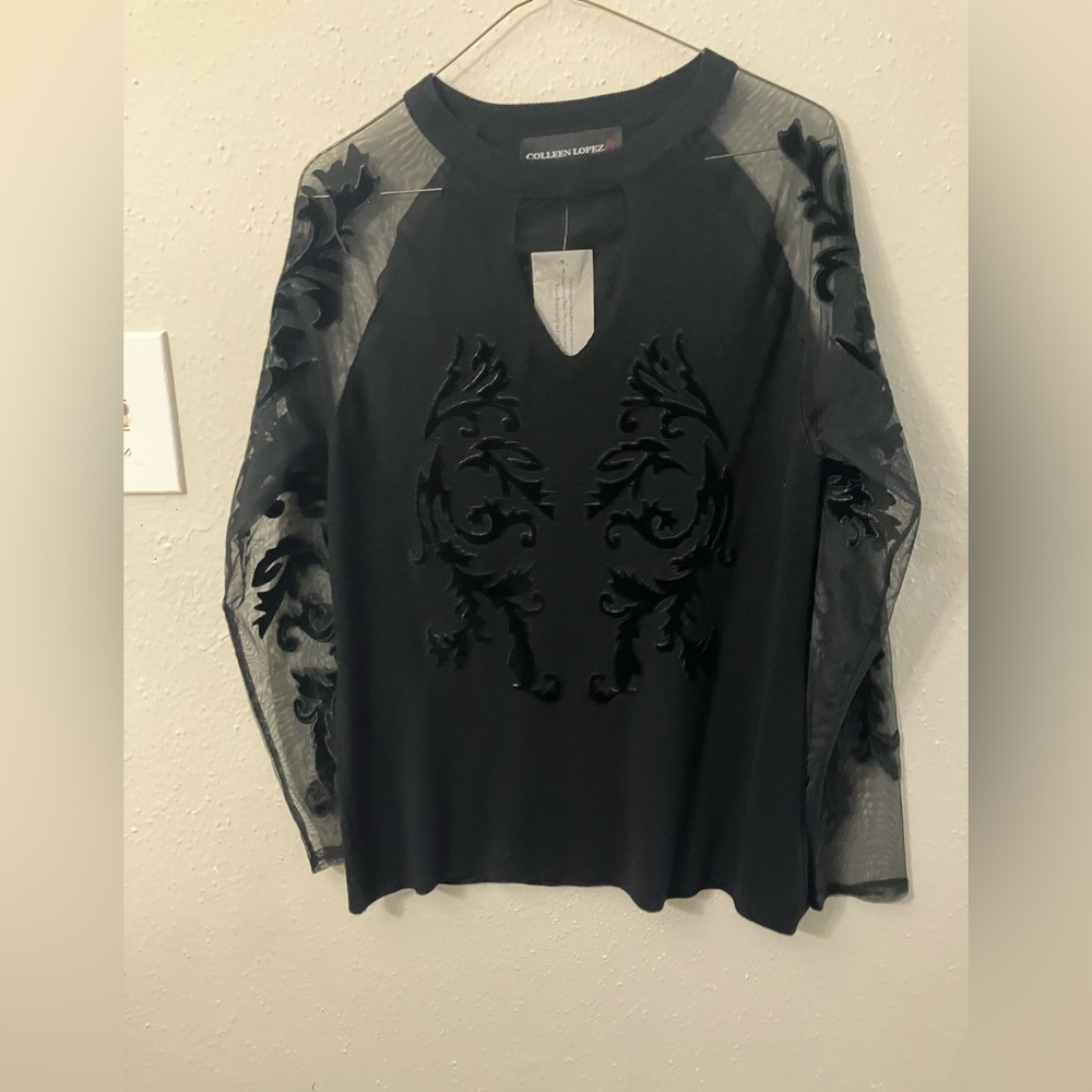 Colleen Lopez Elegant Black Blouse with Sheer Embroidery - Picture 2 of 9
